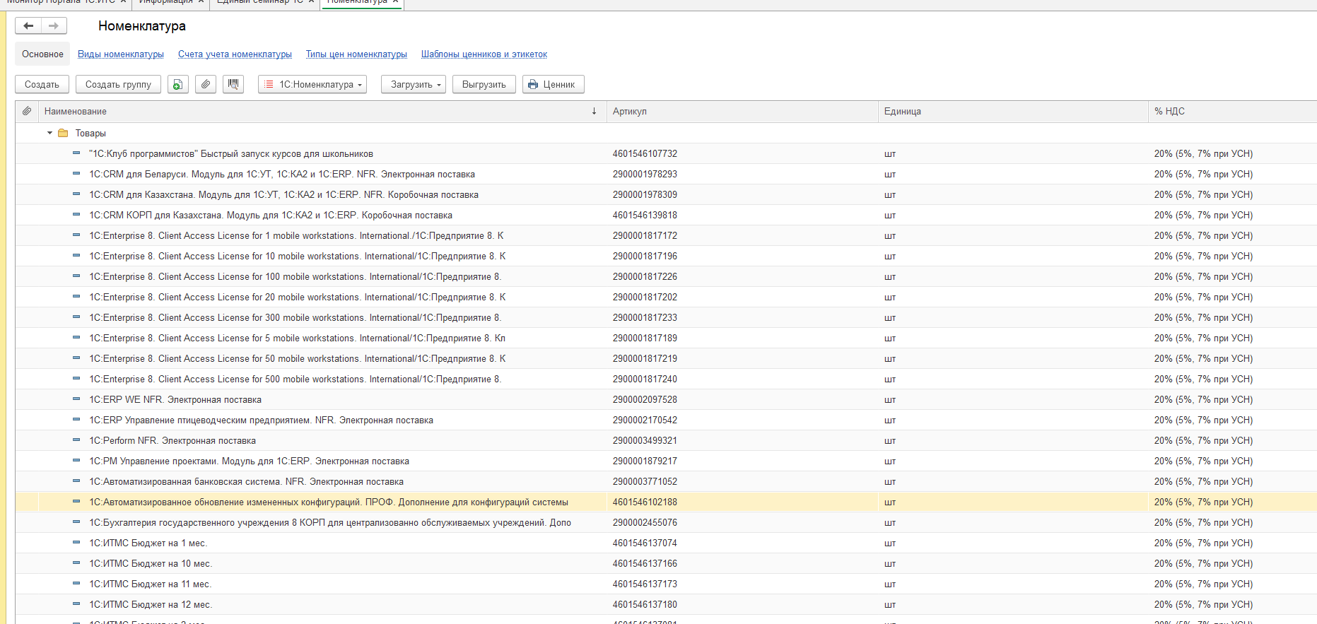 Загруженная номенклатура